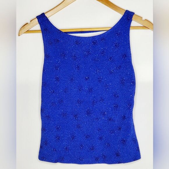 Women's Electric Blue Crop Tank Top w/ Back Cut-Out and Glitter Design - Picture 1 of 5